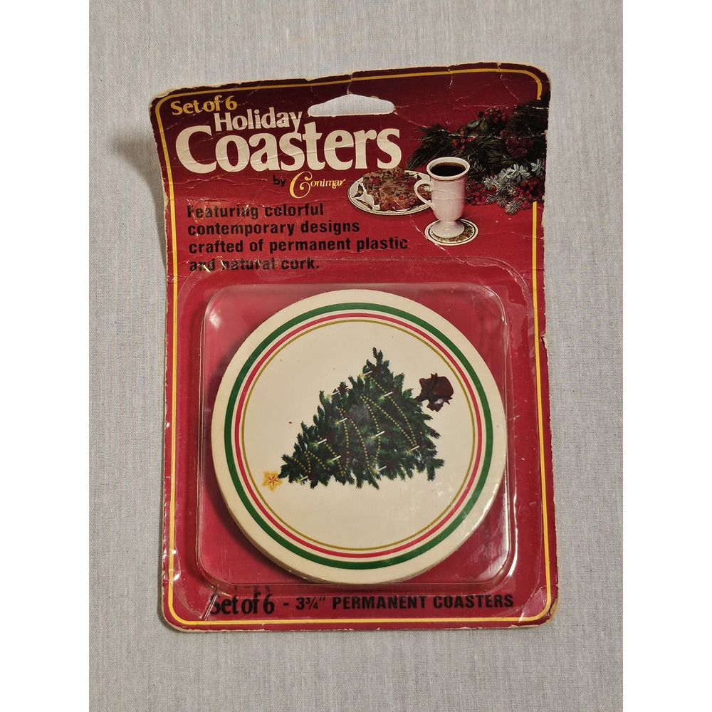 Holiday Coasters by Conimar 6 Cork & Plastic New NOS Christmas Tree Coasters